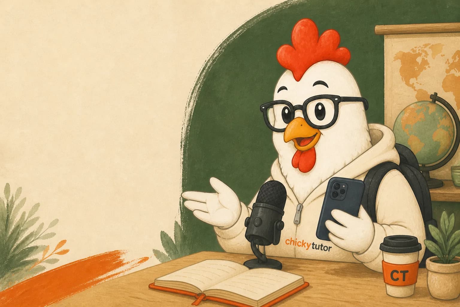 ChickyTutor mascot recording helpful creator content with a microphone and phone
